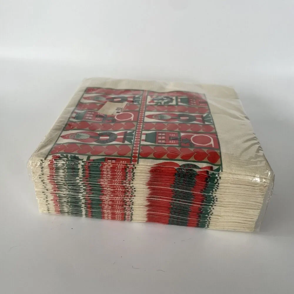 NOS Vintage Christmas Cocktail Napkins Package Of 50 Folk Art Santa Wreath New